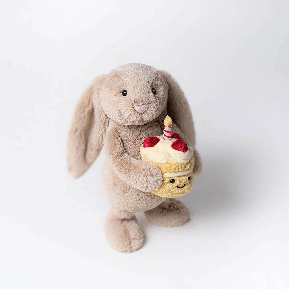 Jellycat Imitation Bashful Bunny Plush Toy with Cake – Soft Birthday Companion, Dust Bag Included