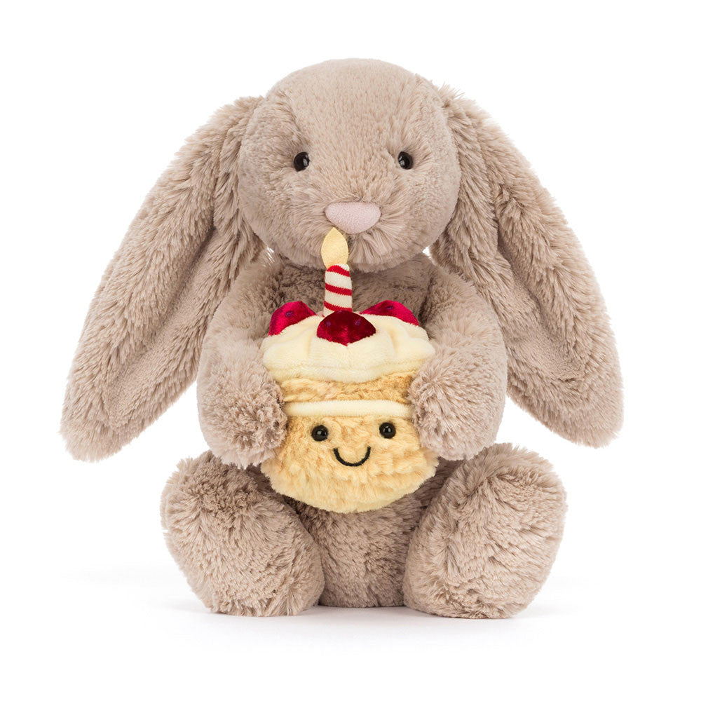 Jellycat Imitation Bashful Bunny Plush Toy with Cake – Soft Birthday Companion, Dust Bag Included