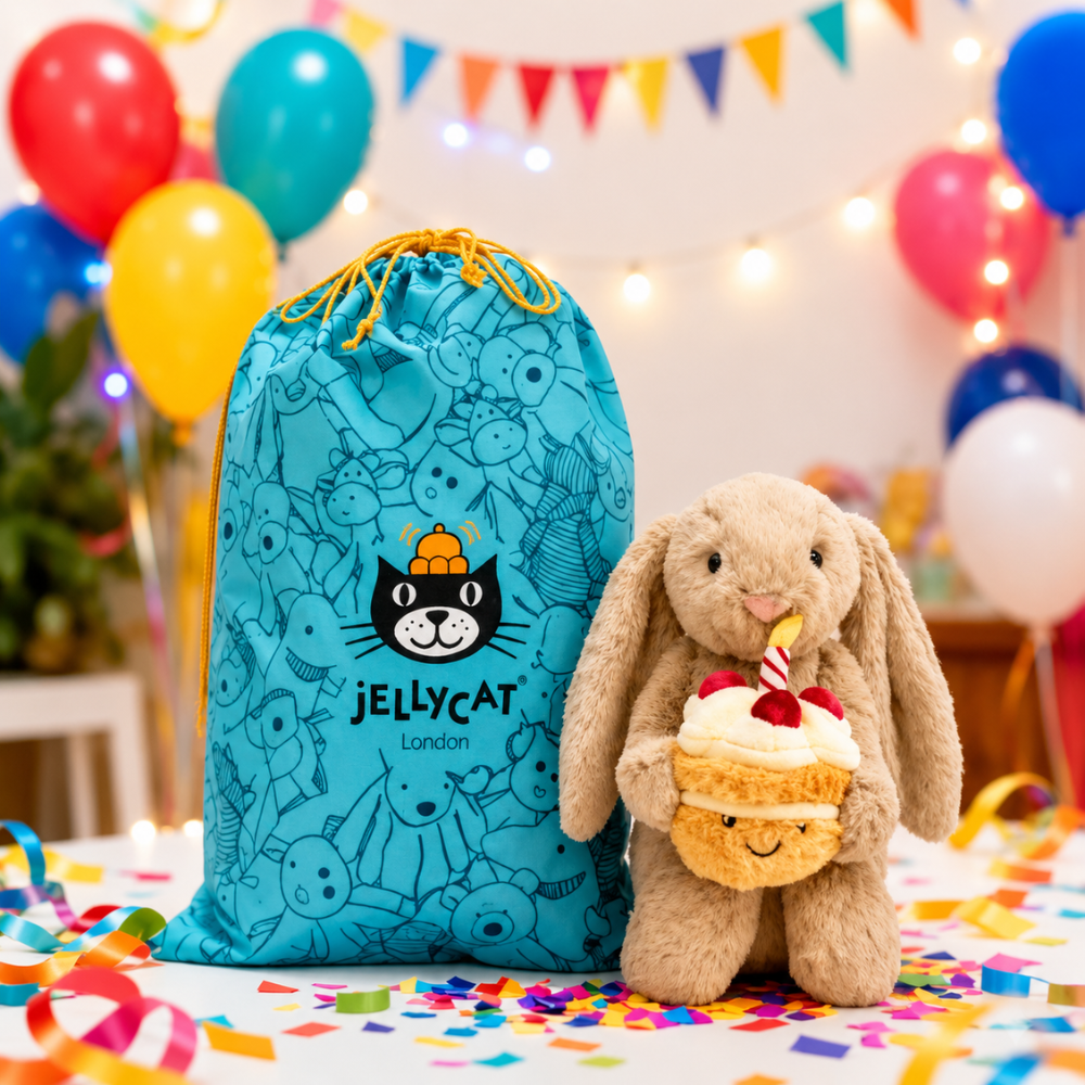 Jellycat Imitation Bashful Bunny Plush Toy with Cake – Soft Birthday Companion, Dust Bag Included