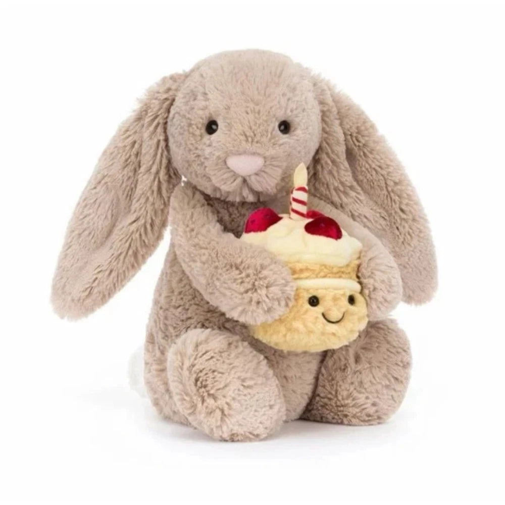 Jellycat Imitation Bashful Bunny Plush Toy with Cake – Soft Birthday Companion, Dust Bag Included